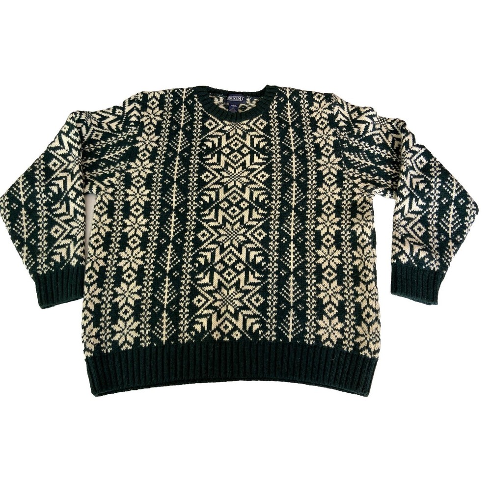 Lands End Sweater Men Large Green 100% Wool Scotland Nordic Crewneck